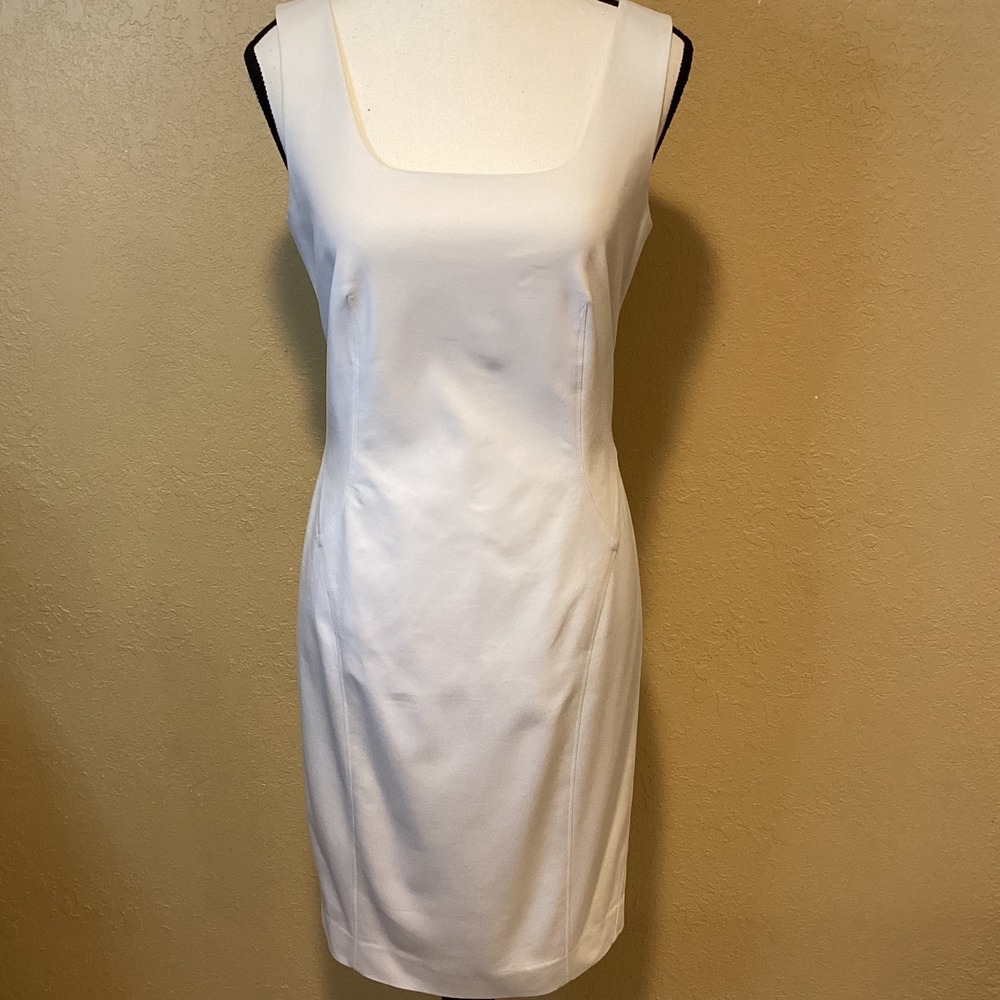 Magaschoni Collection Italian Ivory Sheath Dress, Estimated Size 4/6 Square Neck